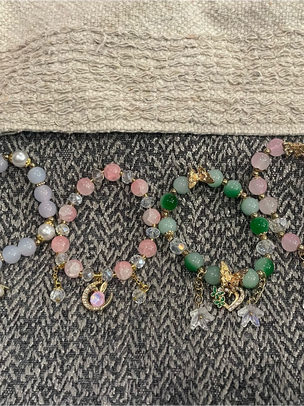 Set of 4 Handcrafted Pink and Green Glass Beaded Charm Bracelets